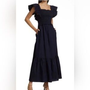 Sea New York Gladys Navy Blue Smocked Tie Back Dress XS $425